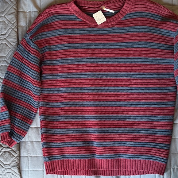 Free People Sweaters - Free People Mulberry and Navy Striped Crewneck Sweater